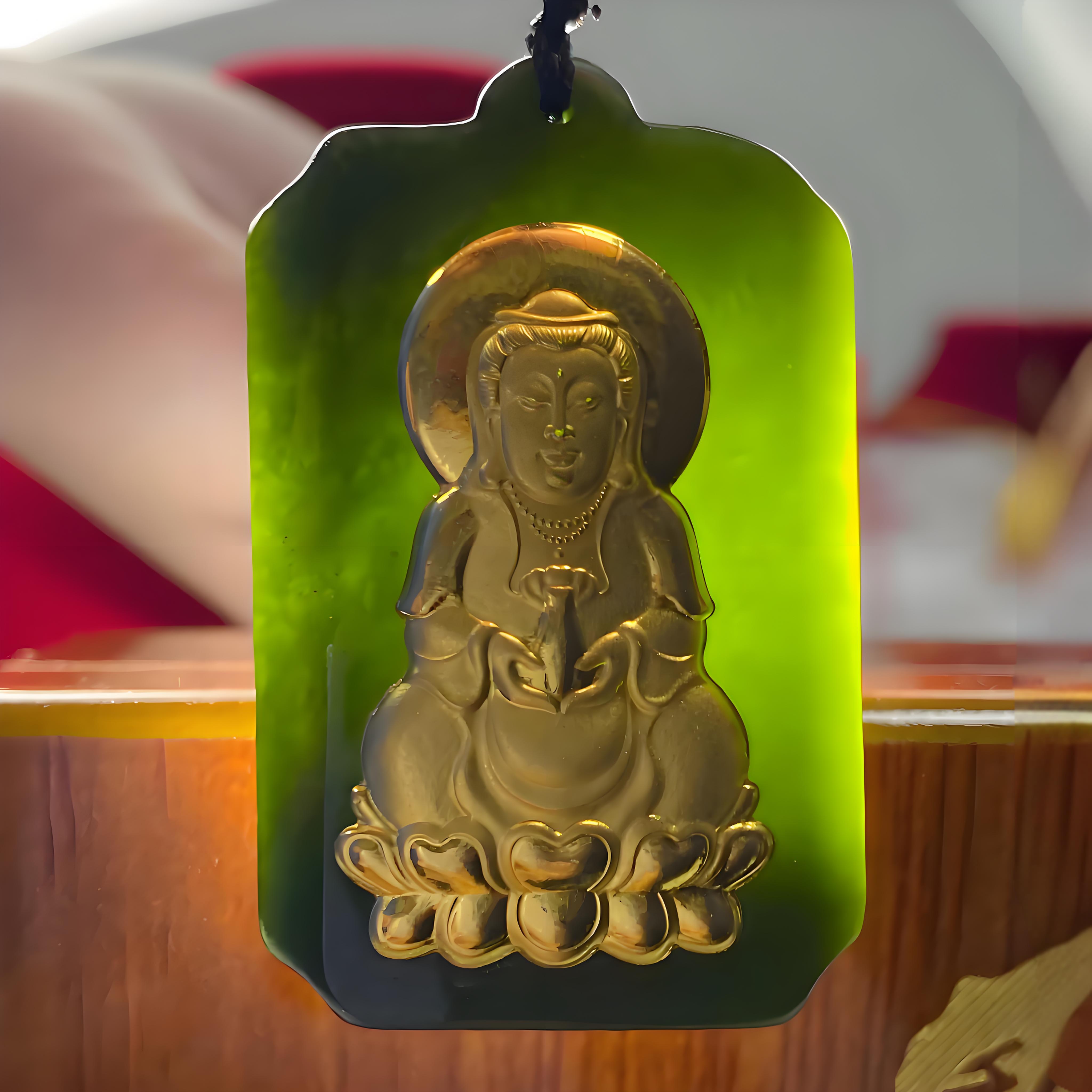 黄金真金镶嵌和田玉观音吊坠-赠链子-礼盒-LY