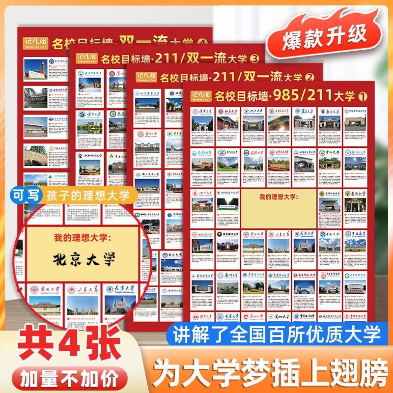 【全套4张】名校目标墙贴985/211大学介绍给孩子种下大学梦