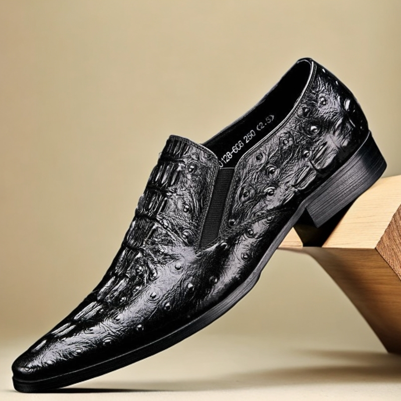 鳄鱼纹尖头男皮鞋英伦真牛皮商务，潮流男皮鞋男士