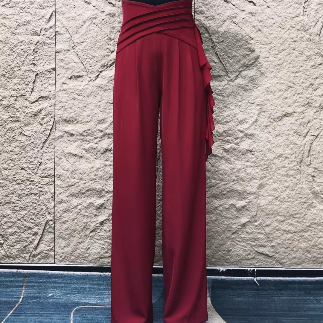 舞裤B0049红色宽松裤子摩登2024跳舞服装新款网红国标气质专用