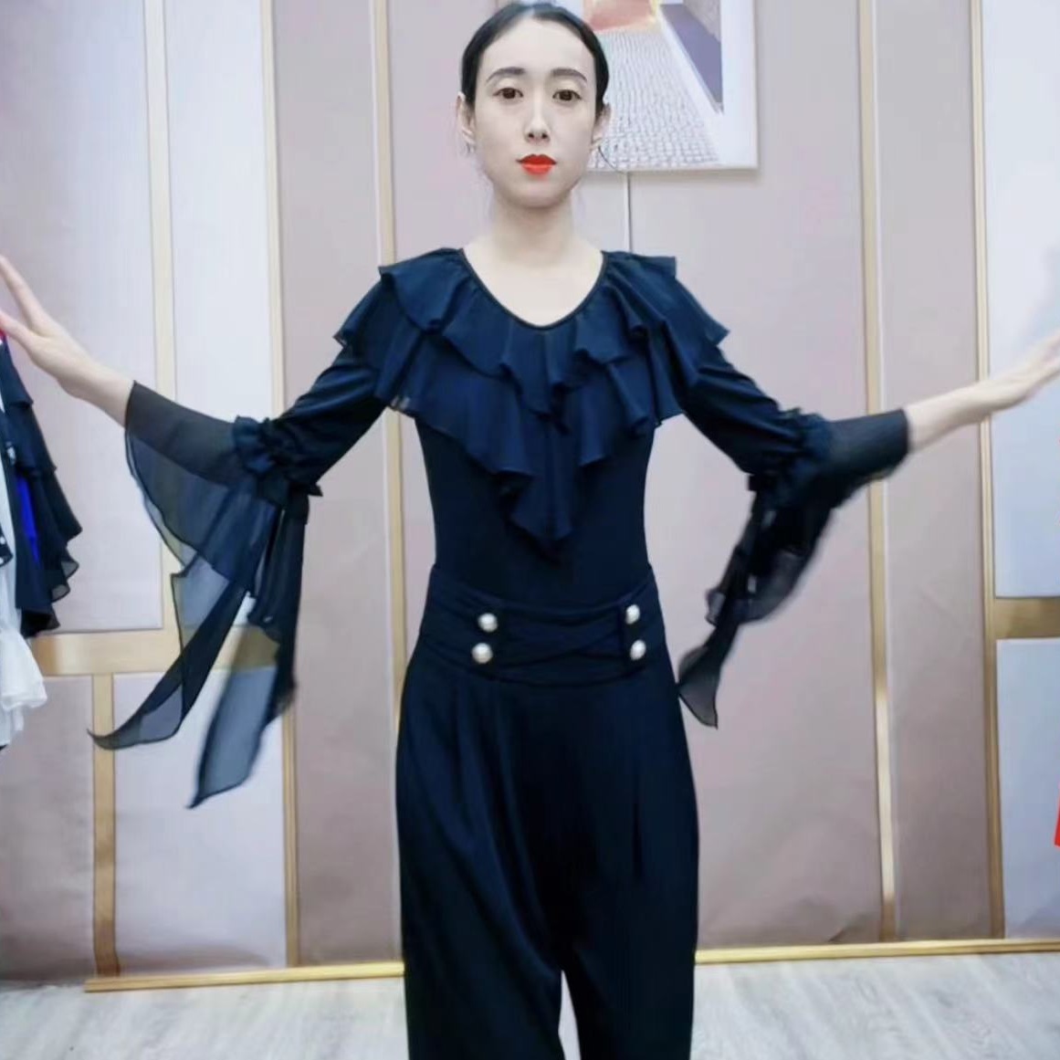 广场舞摩登吉特巴三步踩交谊舞V领女荷叶边士显瘦修身舞蹈服A0433