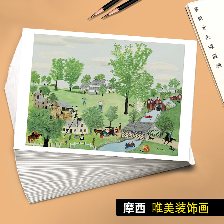 摩西唯美装饰画美术临摹卡成人儿童水彩风景画绘画画室教学40张