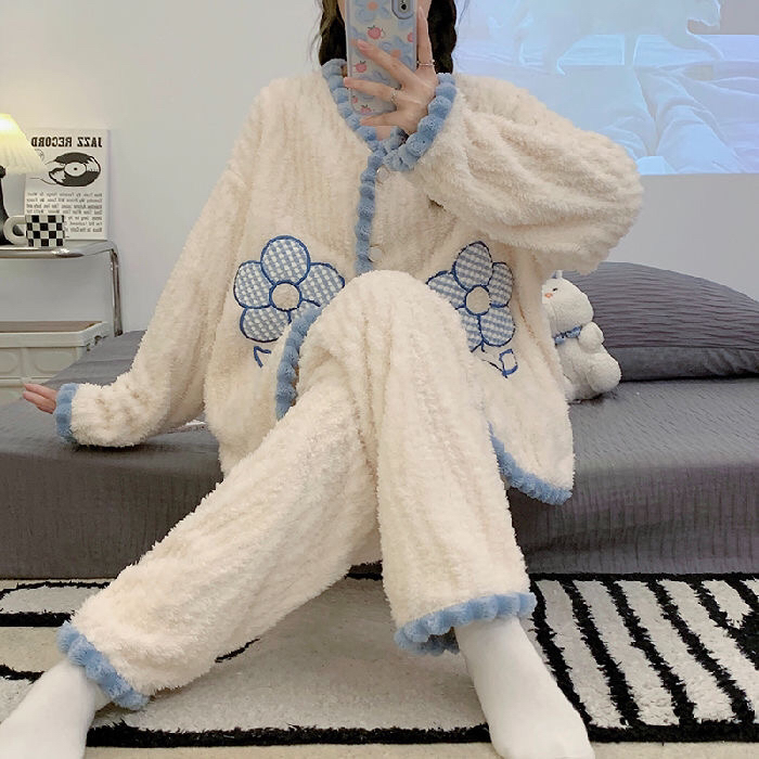 ins风睡衣女加绒加厚开衫珊瑚绒甜美简洁法兰绒秋冬家居服套装917