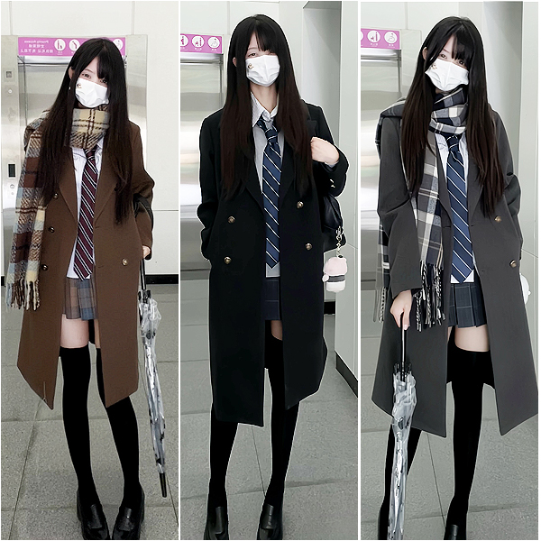 妙氏原创jk日系学院风显瘦百搭秋冬叠穿高级感长款大衣毛呢外套