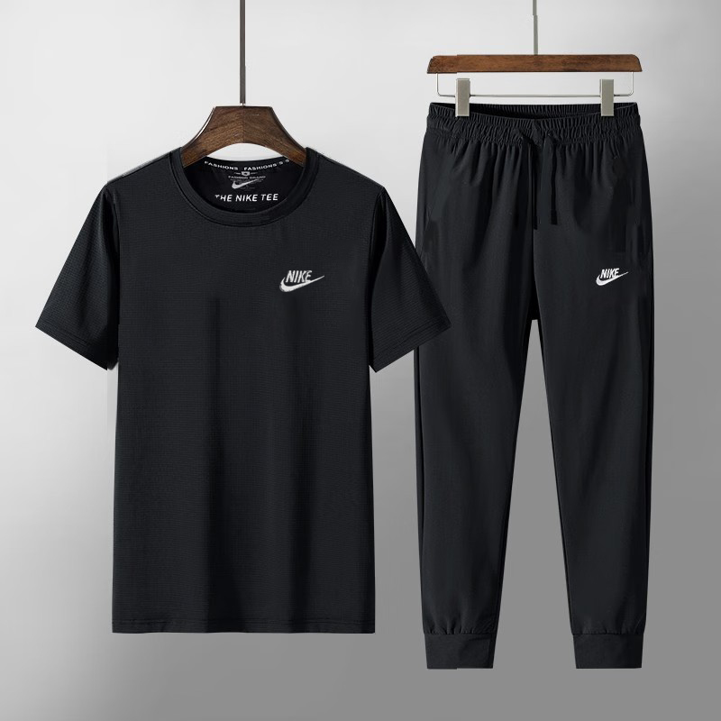 NIKE/耐克运动套装男春夏新款黑色圆领运动短袖T恤针织束脚裤