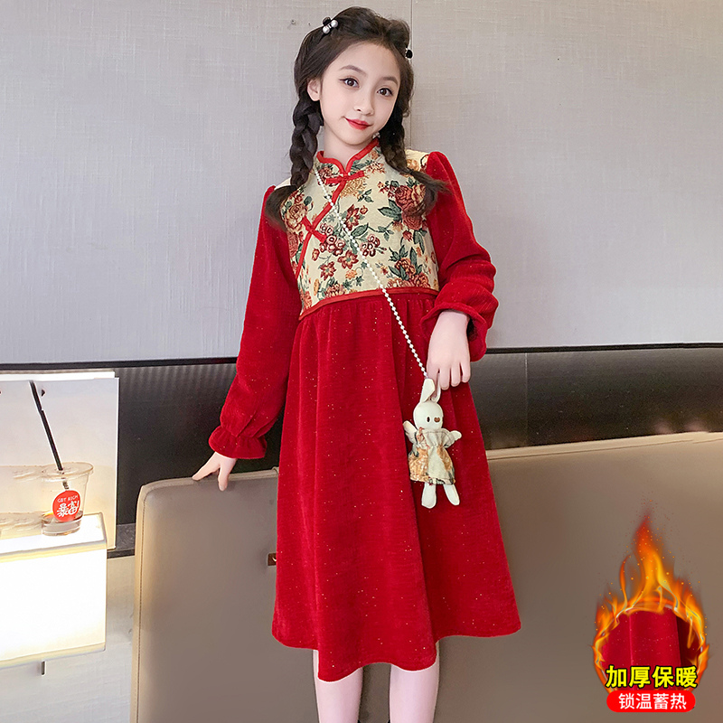 女童连衣裙秋冬款2023新款洋气儿童旗袍拜年服大童冬加绒红色裙子