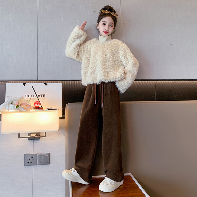 女童冬装毛毛衣休闲裤套装2023新款儿童洋气短款上衣加厚阔腿裤潮