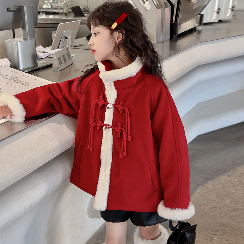 女童拜年服12岁本命年大童过年喜庆衣服红色儿童加厚毛呢外套冬装