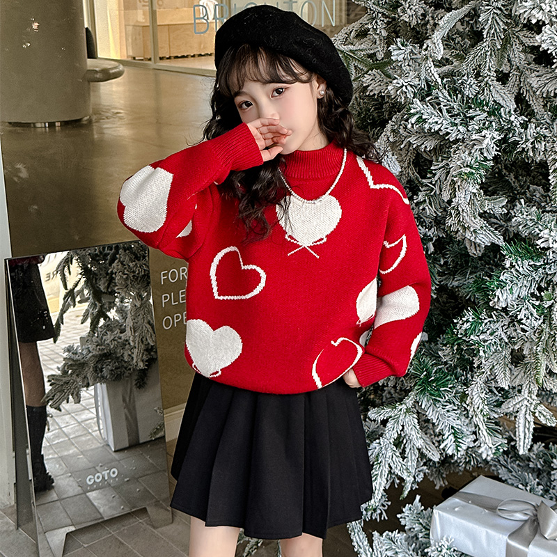 女童红色毛衣儿童2024新款龙年新年女孩本命年加绒加厚针织打底衫
