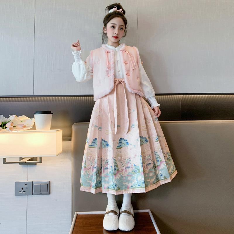 女童马面裙套装秋冬2023新款儿童加绒汉服女大童中国风唐装拜年服