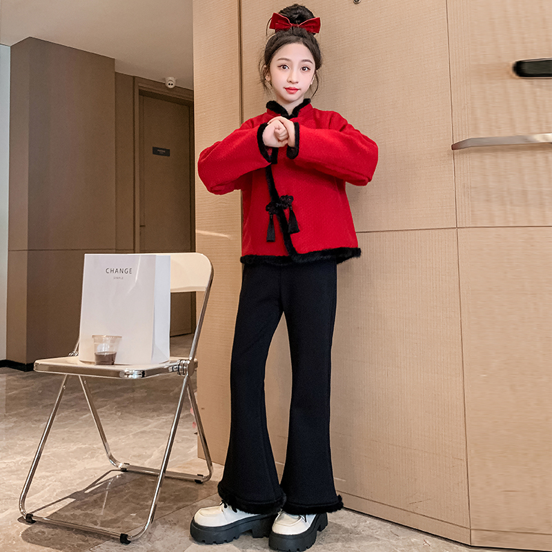 女童拜年服冬季2024年龙年新款冬装国风红色加绒套装新年过年衣服