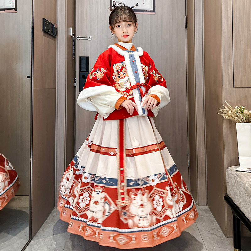 2024年拜年服女童秋冬装新款龙年新年汉服加绒唐装马面裙年服套装