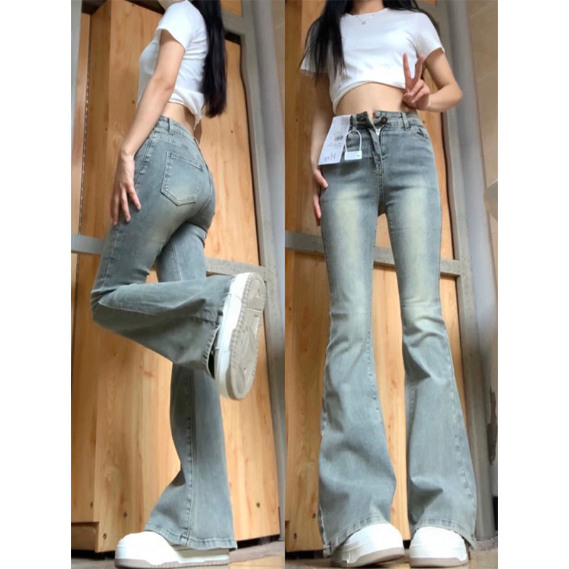 美式复古微喇牛仔裤女2023款高腰显瘦修身弹力辣妹喇叭裤子