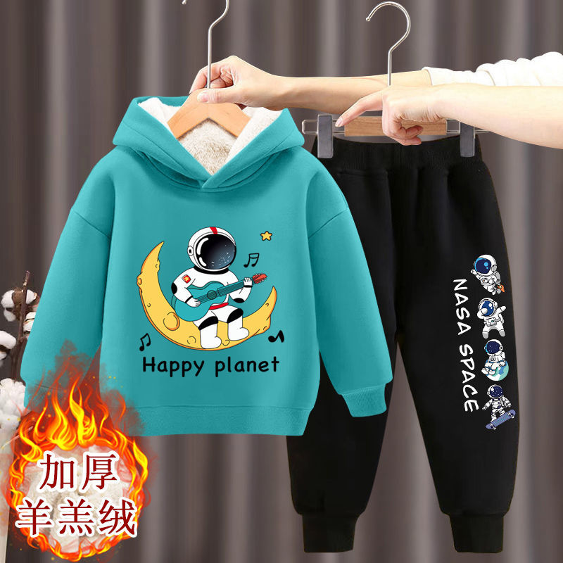 男童秋冬装儿童加绒卫衣套装童装男新款帅气加厚中大童连帽运动装