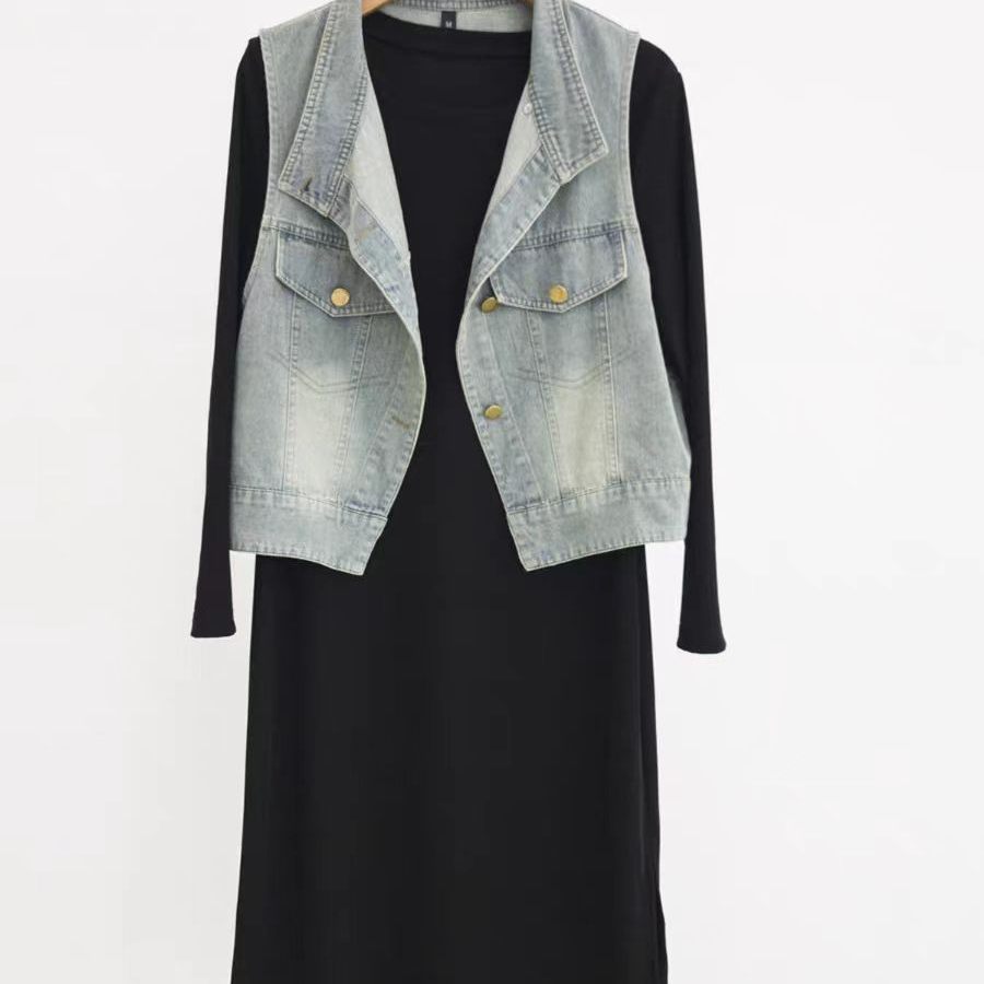 高级牛仔坎肩连衣裙套裙优雅中长裙T829