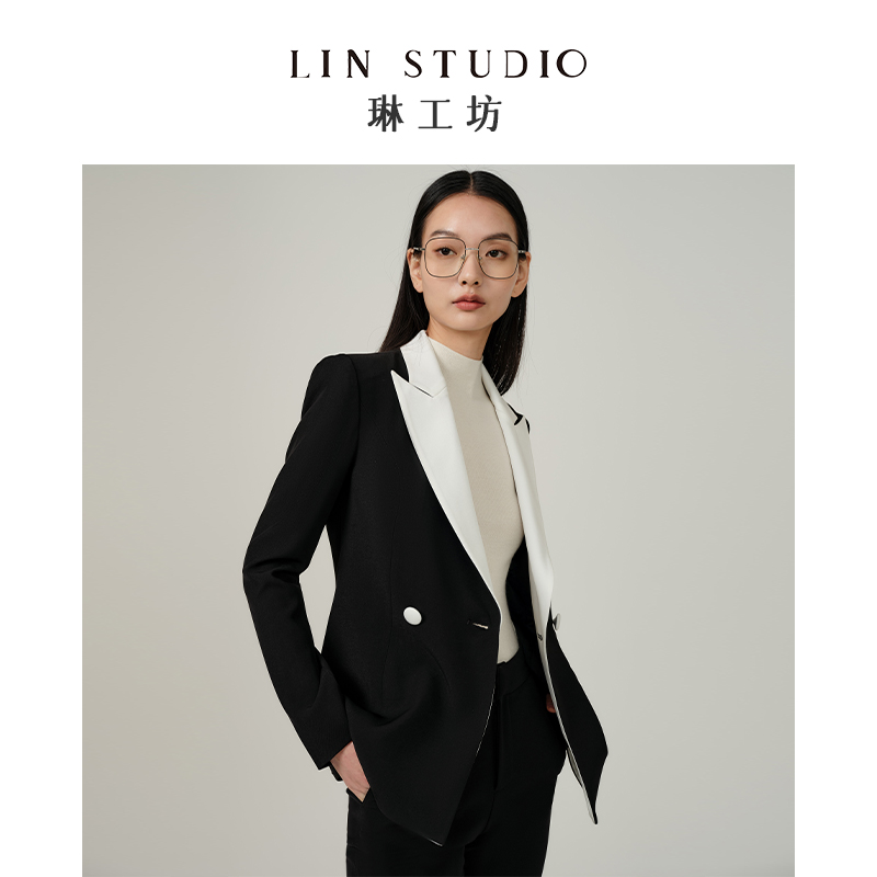 【外套】琳工坊堕影黑白撞色西服时尚职业修身气质唐琳设计师西服