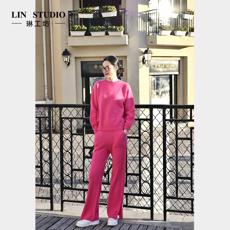 【山羊绒+绵羊毛 裤子】琳工坊菡萏玫红色毛绒针织长裤唐琳