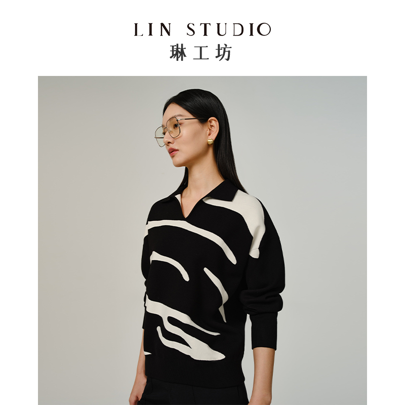 琳工坊月雁黑白色针织衫时尚气质休闲通勤减龄新款唐琳设计师