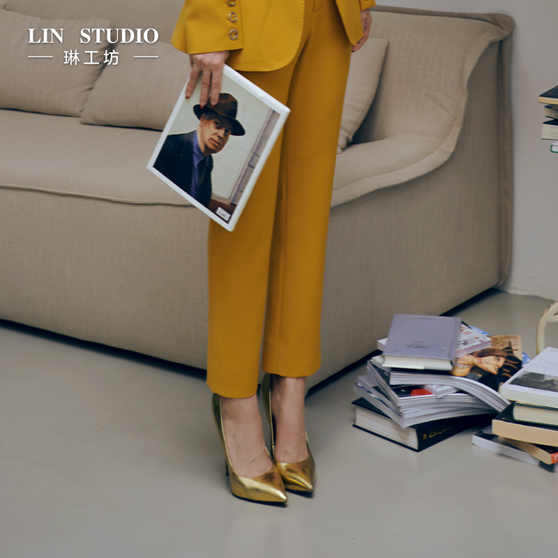 【裤子】琳工坊黄色裤子上班职业时尚修身气质通勤唐琳设计师