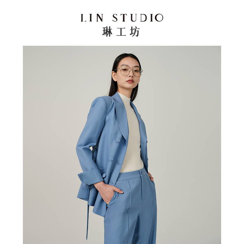 【外套 限定系列】琳工坊缺月蓝色羊毛西服西装高档气质唐琳设计师