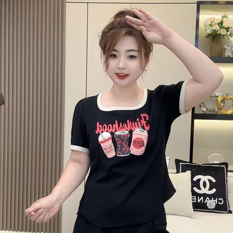 2024新款大码女装夏季显瘦遮肉宽松时尚百搭印花休闲小众上衣短袖