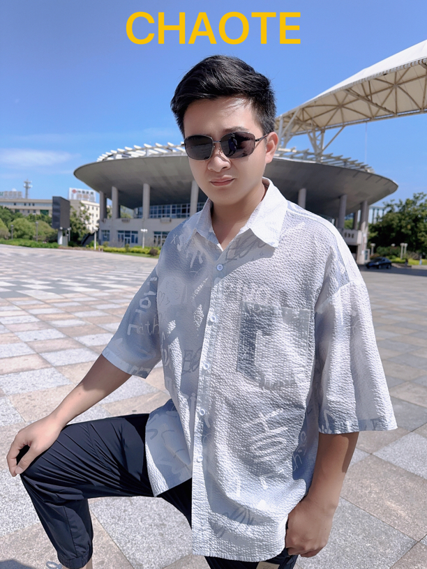 6298港风拼色口袋水洗七分袖衬衫男小众设计夏季痞帅青年韩版衬衣