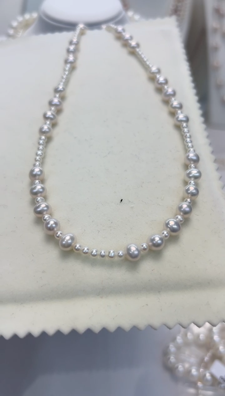 【闪购商品】淡水珍珠颈饰银S925镶嵌3-4MM+6-7mm