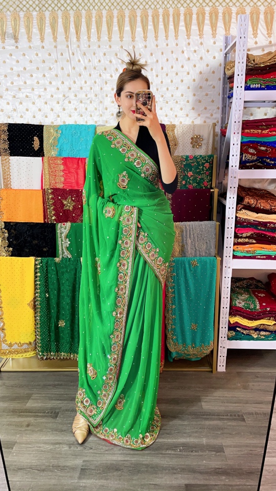 印度全新钉珠六米雪纺纱丽 女款长款大摆飘逸异域风情