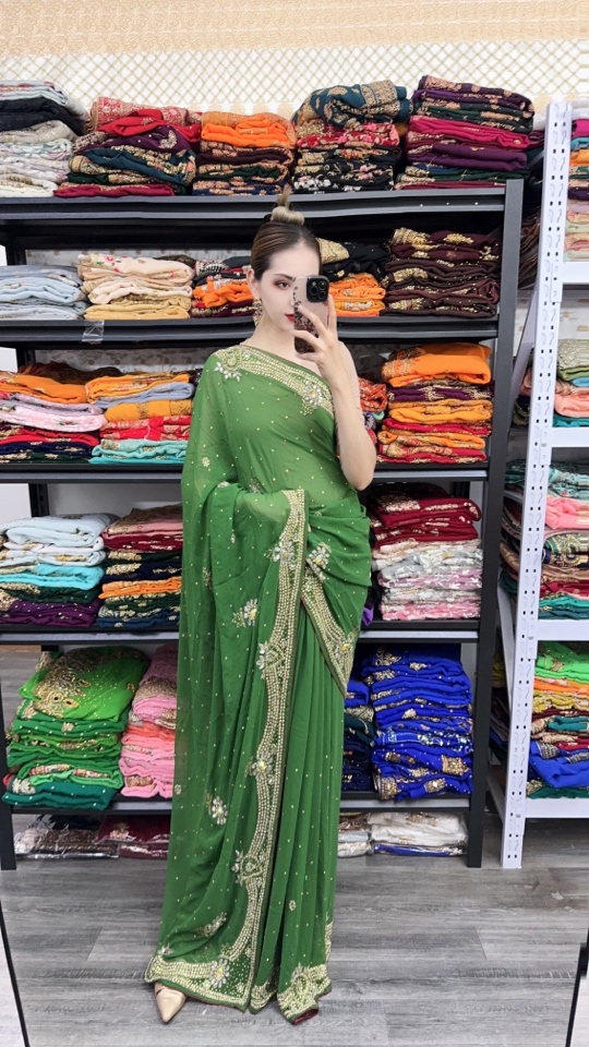 印度进口全新六米雪纺纱丽 钉珠加烫钻气质