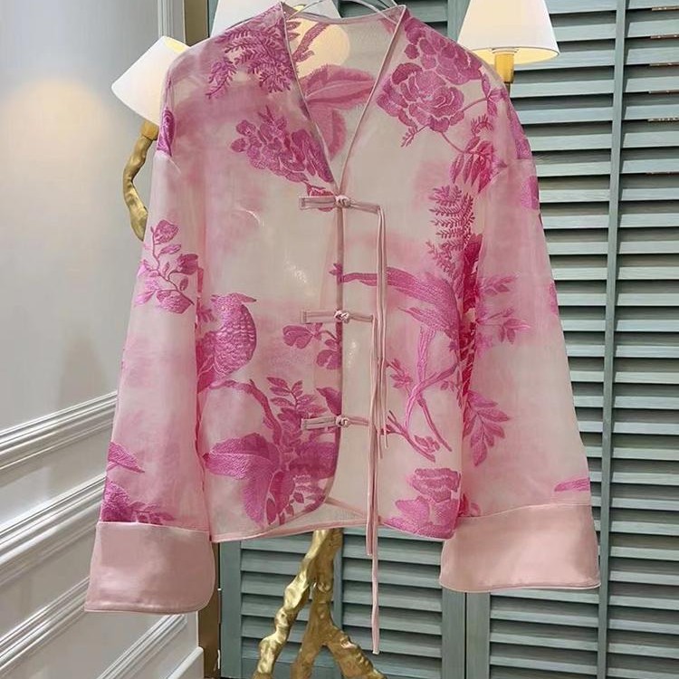 设计感小众衬衣2023春款高级感国风刺绣上衣新中式盘扣V领衬衫女