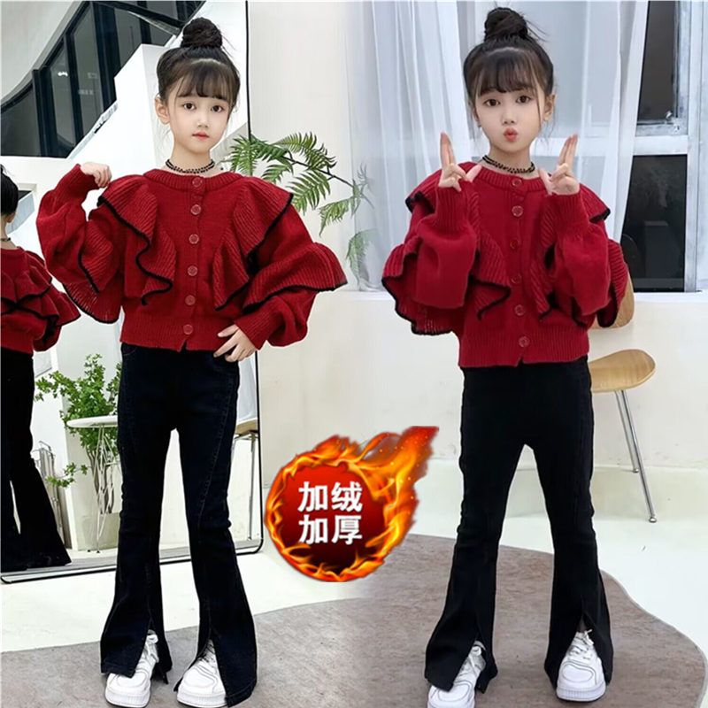 女童毛衣秋冬套装2023新款网红中大童洋气冬季休闲加绒喇叭裤冬装