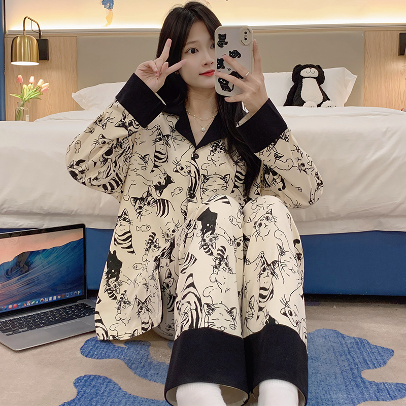 带胸垫睡衣女春秋季长袖套装开衫2024年新款卡通甜美家居服小猫咪