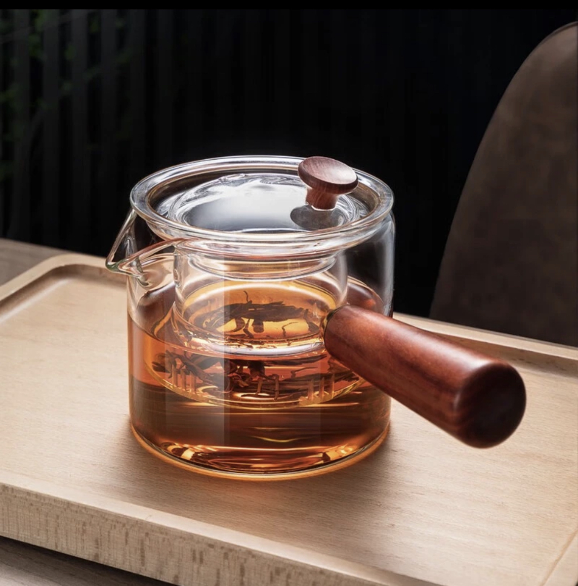 日式侧把煮茶壶内置滤网家用透明玻璃耐高温玻璃煮茶壶木柄加厚