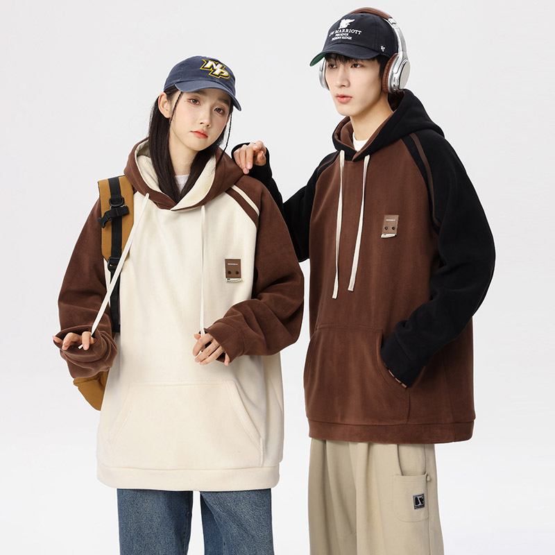 冬季新款奥利绒情侣卫衣皮标拼色韩版加绒加厚休闲连帽卫衣男保暖