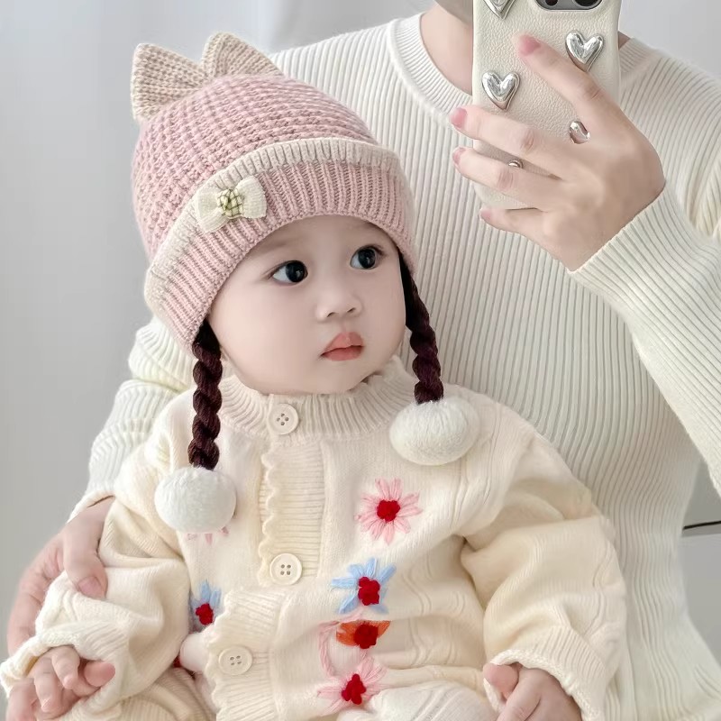 婴儿帽子秋冬季女孩甜美洋气针织辫子帽女宝宝冬天保暖护耳毛线帽