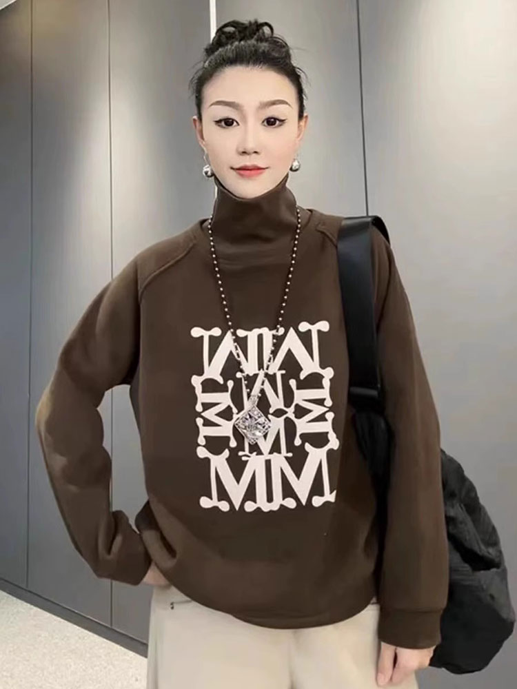 欧货宽松休闲百搭减龄半高领卫衣女冬季保暖舒适双面绒长袖上衣潮