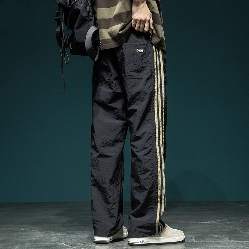 设计感三条杠拼接条纹速干休闲裤男夏季薄款宽松运动透气直筒裤子