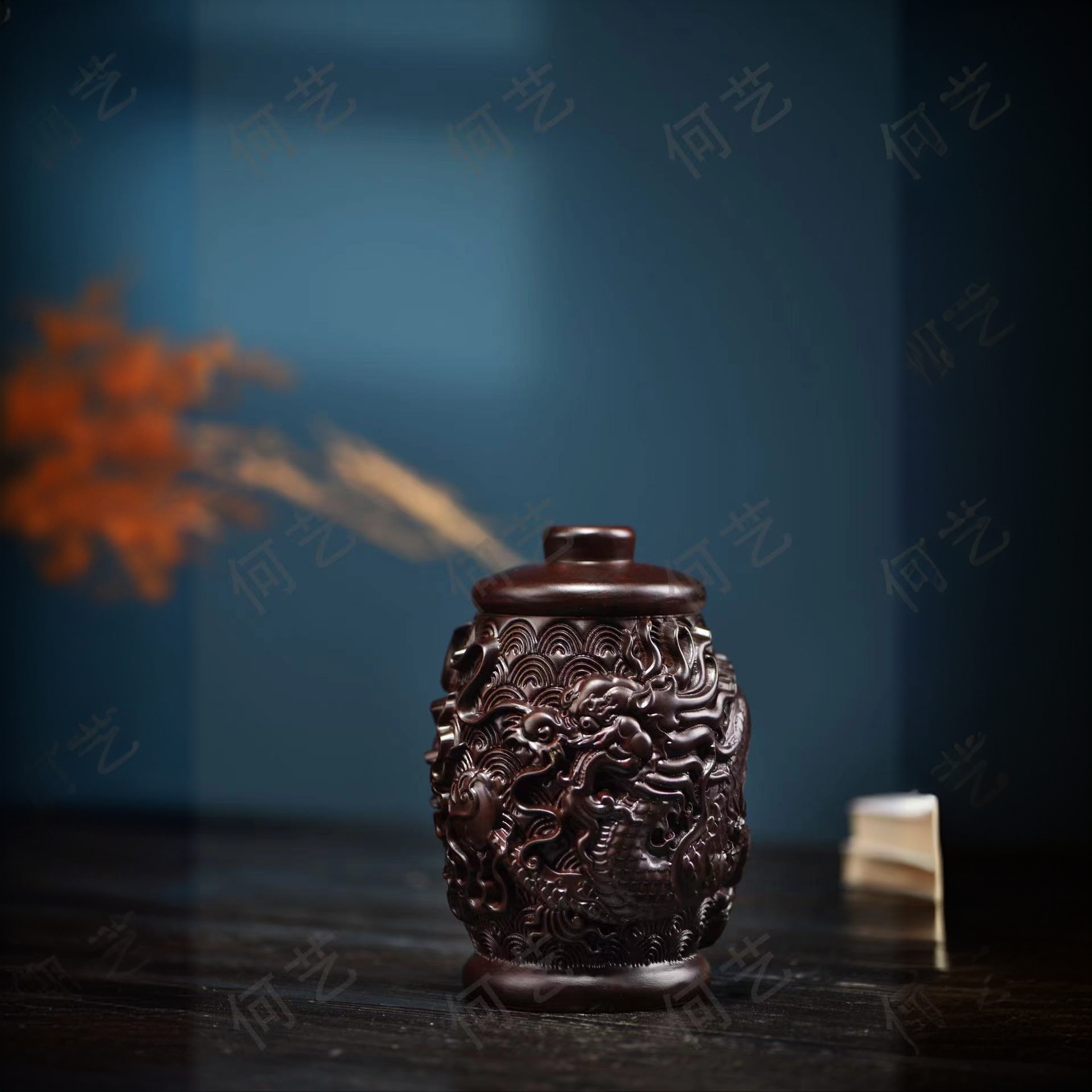 黑檀木雕龙茶叶罐工艺品