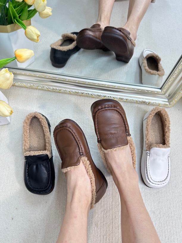 新款真皮毛毛乐福鞋纯牛皮软底防滑平底加绒保暖外穿休闲棉瓢鞋