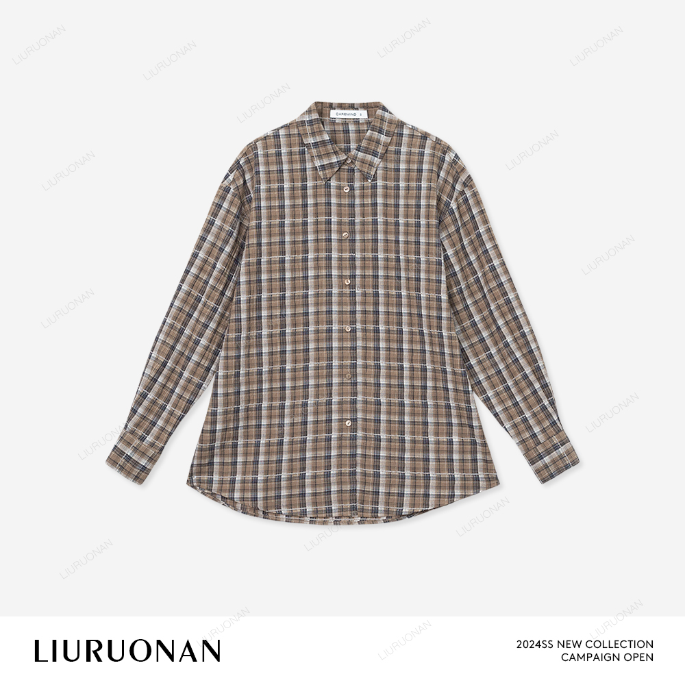 LIURUONAN 24AW 棕咖色格子衬衫女修身长袖衬衣外套复古格纹上衣