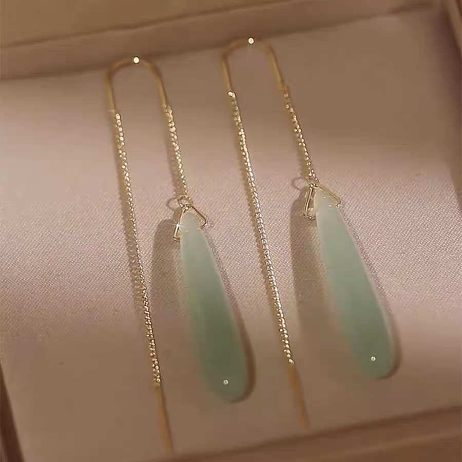 合金耳饰 新中式绿色水滴长款流苏耳线女轻奢小众古风显脸瘦耳饰