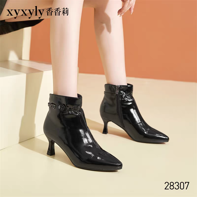 2024冬季短筒加绒高跟细跟尖头职业时尚漆皮女棉靴子M28307