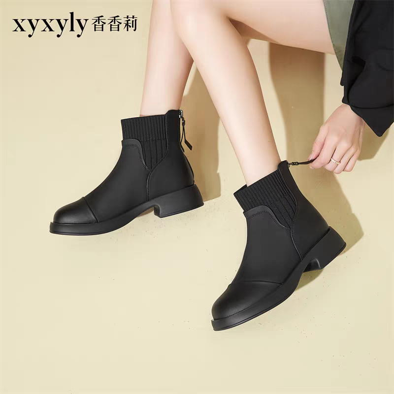 2024冬季韩版短筒加绒低跟圆头马丁靴毛线边女棉靴子M28560