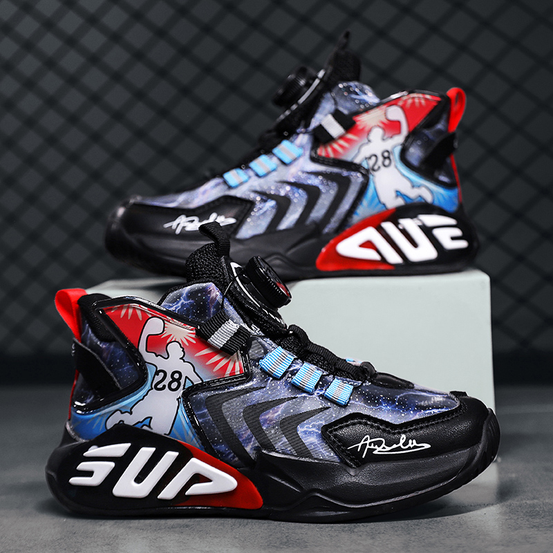 2025春季新款男童皮面二棉篮球鞋女童旋转纽扣潮鞋中大童鞋8200-1