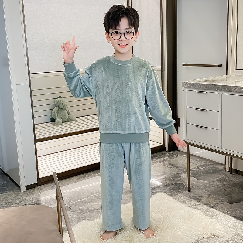 儿童睡衣男孩秋冬季海岛绒加厚睡衣2023新款中大童保暖家居服套装