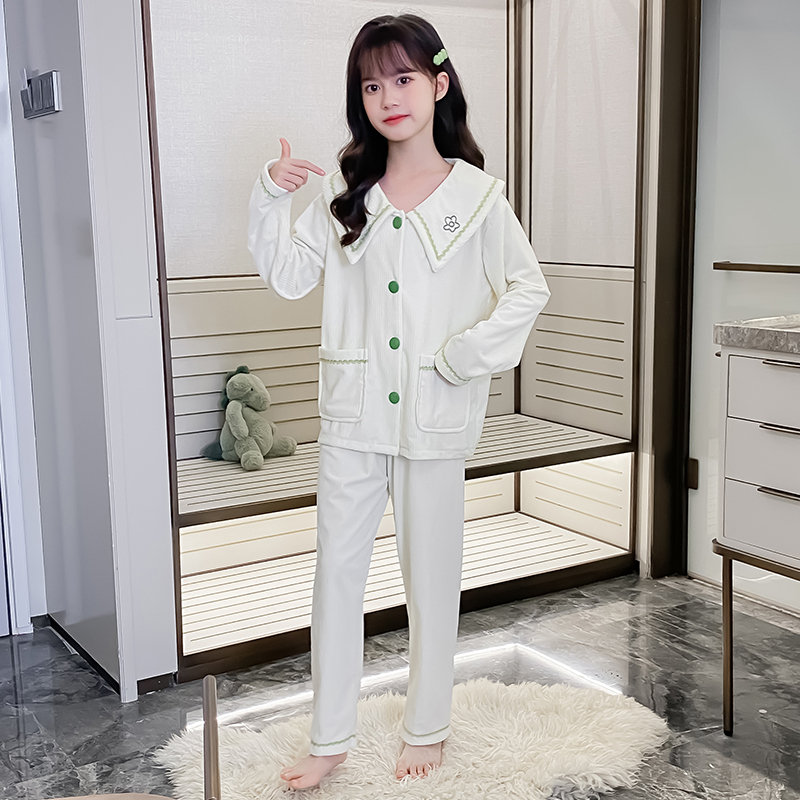 儿童睡衣女孩秋冬季海岛绒加厚款2023中大童公主风家居服保暖套装