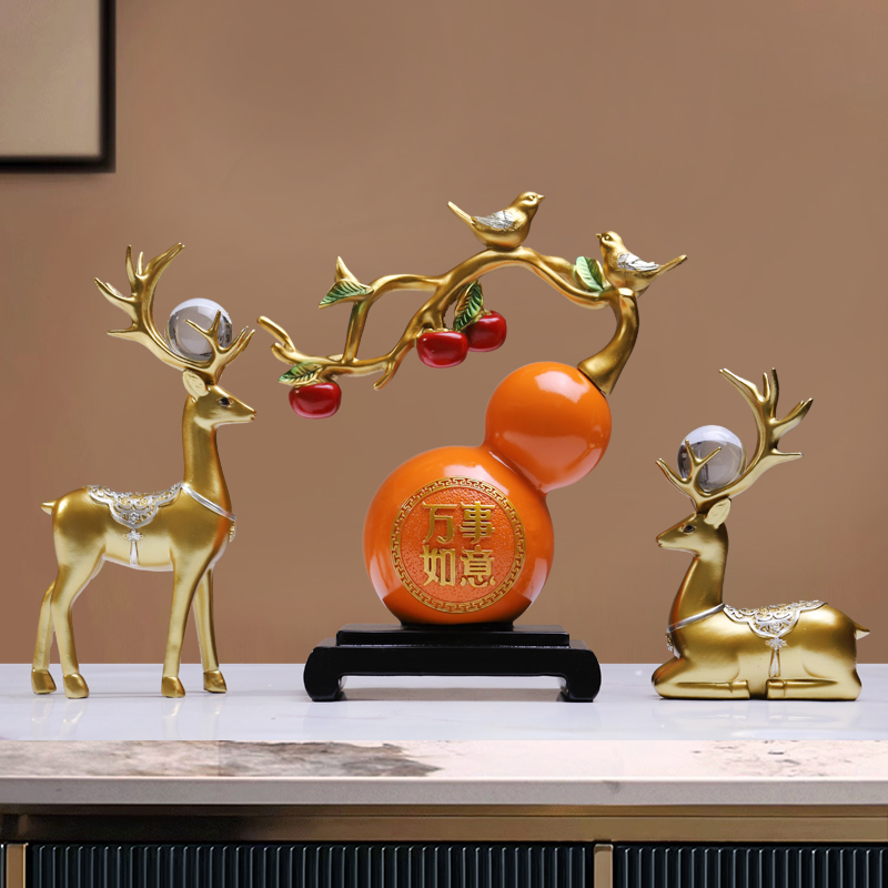 新中式福禄双至大号葫芦金鹿摆件玄关酒柜客厅装饰品乔迁礼品