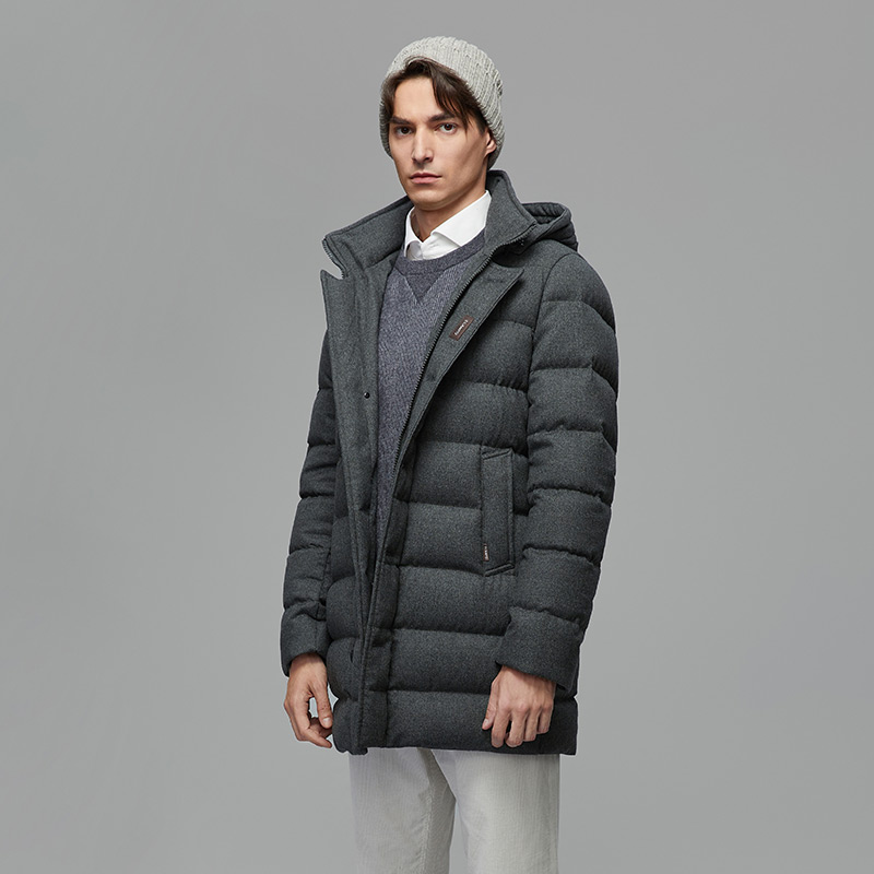 LAMPO/蓝豹【法兰绒】秋冬季加厚中长款连帽外套95白鹅绒羽绒服保暖