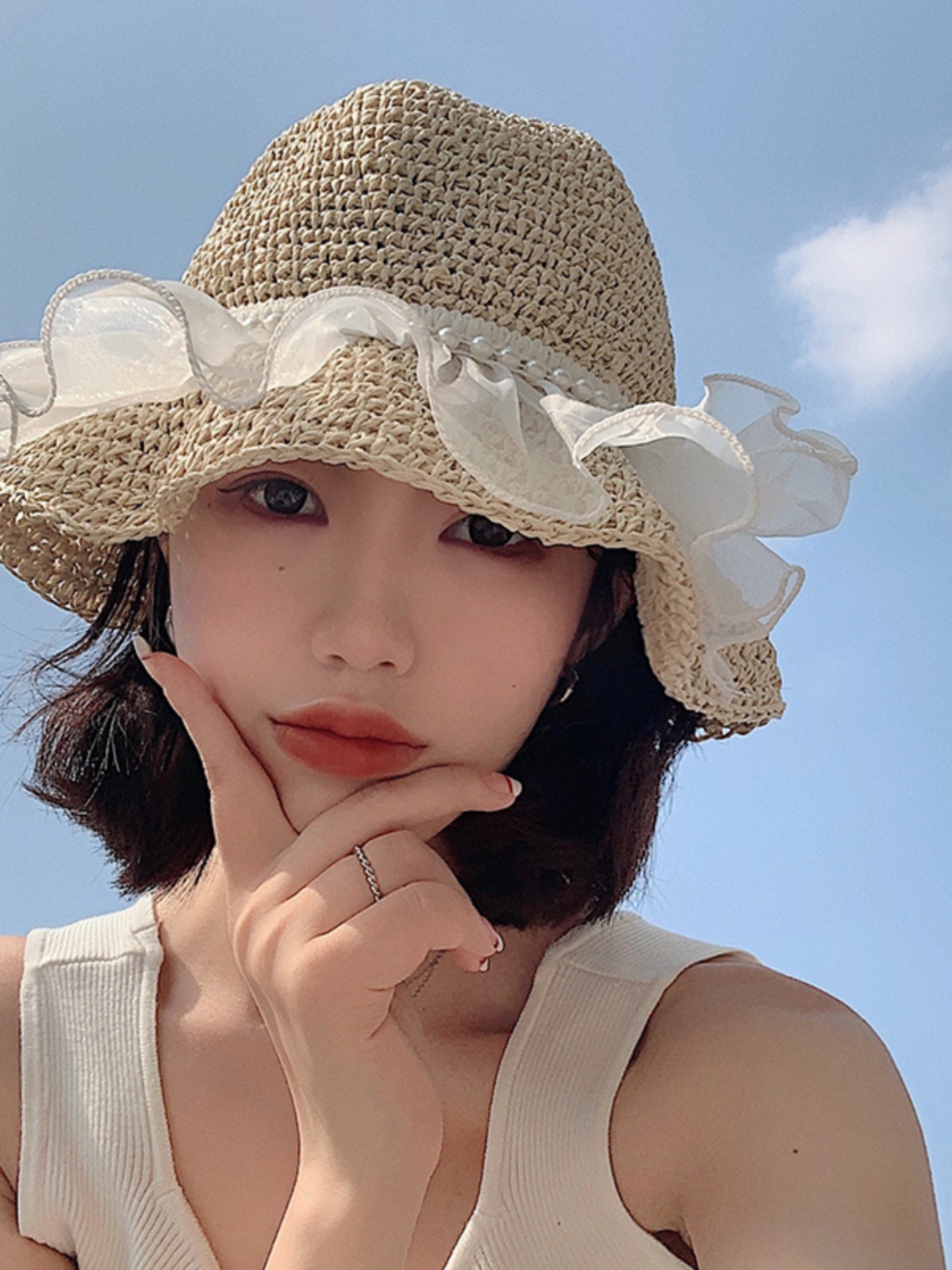 草帽编织蕾丝珍珠帽子女夏季薄款沙滩海边荷叶边渔夫帽遮阳防晒凉