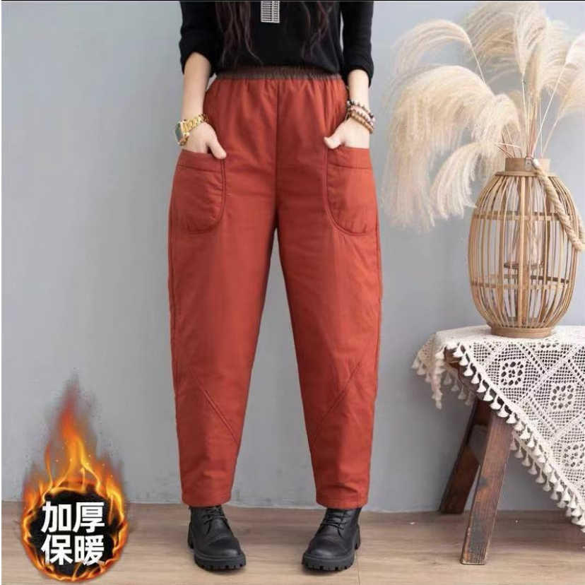 夹棉外穿棉裤女秋冬撞色高腰休闲哈伦裤宽松百搭减龄妈妈加棉长裤